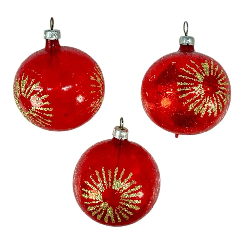 4 Vtg Glass Christmas Balls Ornaments Red Gold Glitter Starburst West Germany